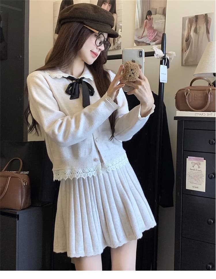 작은 키 향기로운 핑크색 레이스 니트 스웨터 여성 드레스 조기 가을 2026 새로운 한 부서 아름다운 세트 상세 이미지 8