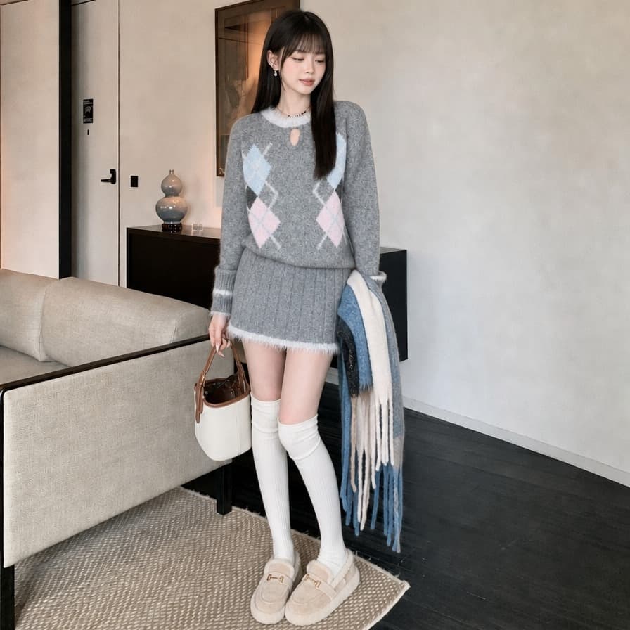 실사 2026 년 새로운 링 그리드 소녀 모네 꽃 회색 모직물 맨위 니트 반 스커트 투피스 슈트 이미지 6