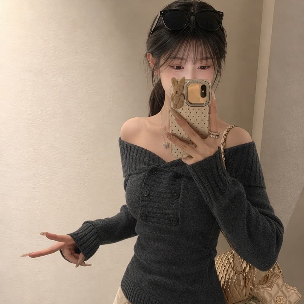 실사 한 부서 품격 오프숄더 양모 니트 스웨터 가을 핫걸 오프숄더 스웨터 맨위 이미지 6