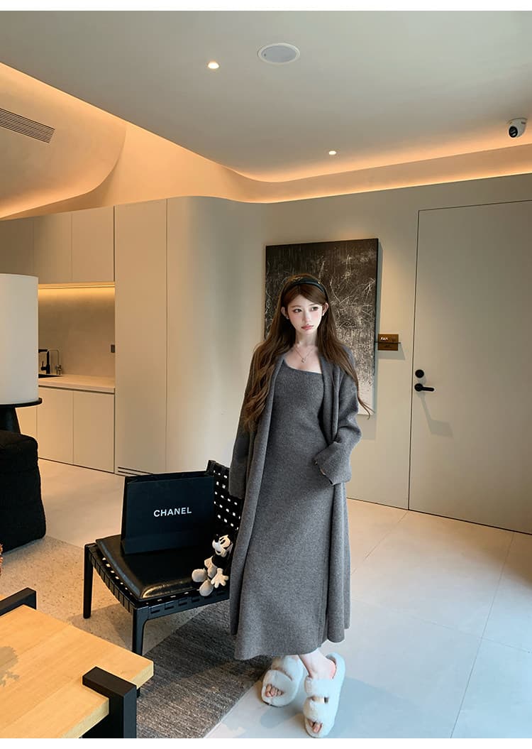 첸 대 유 느긋한 바람 니트 오픈 가디건 여성 코트 가을 겨울 고급 센스 회색 드레스 스웨터 세트 투피스 세트 상세 이미지 9
