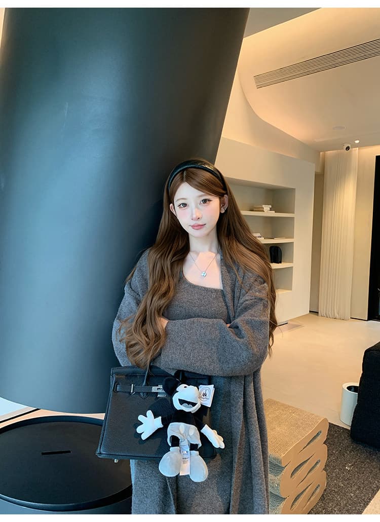 첸 대 유 느긋한 바람 니트 오픈 가디건 여성 코트 가을 겨울 고급 센스 회색 드레스 스웨터 세트 투피스 세트 상세 이미지 16