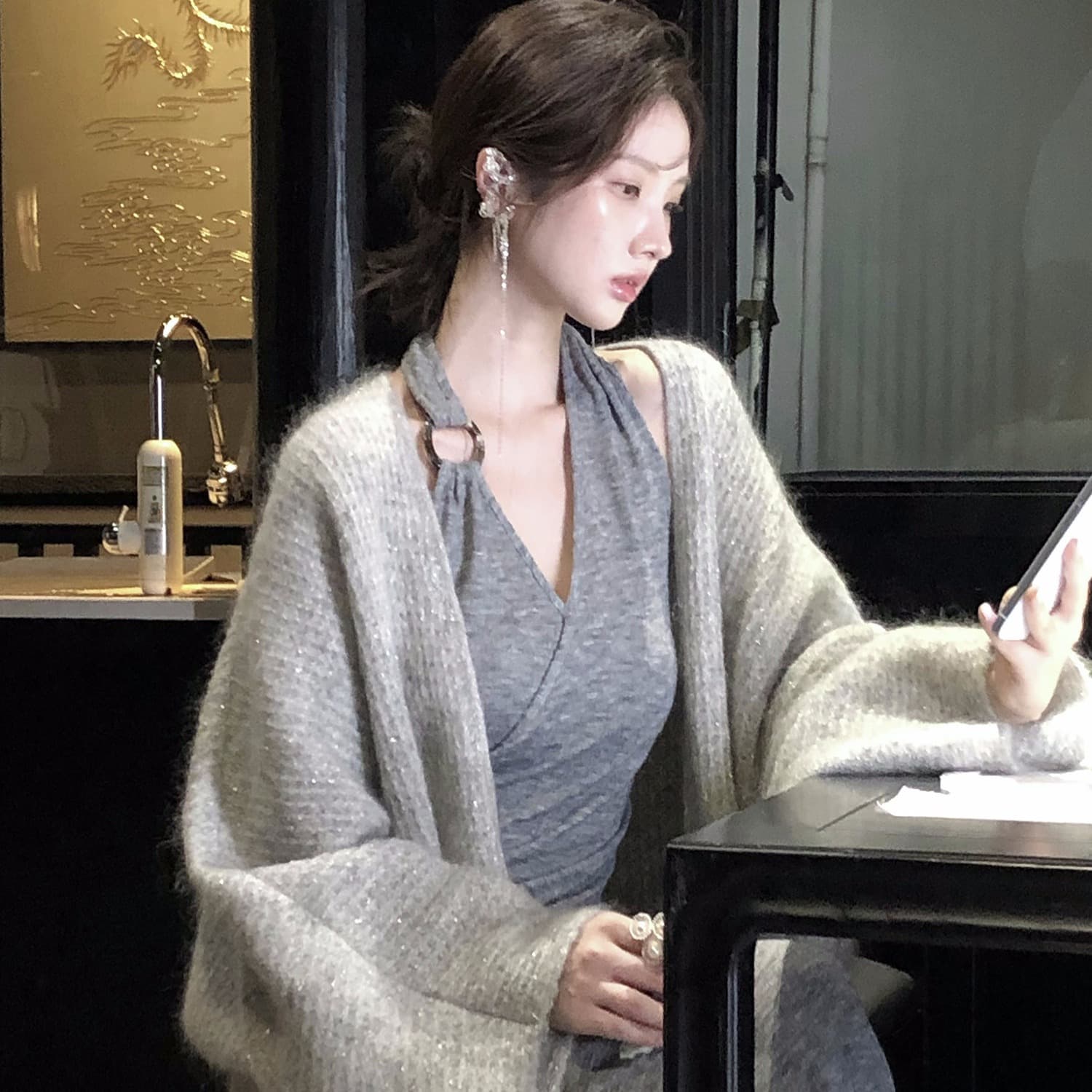 하나부터 순간 사파이어 케이스 비대칭 행침 목 맨위 캐주얼 와이드 레그 팬츠 외부 가져 가라. 니트 오픈 가디건 3종 세트 이미지 6