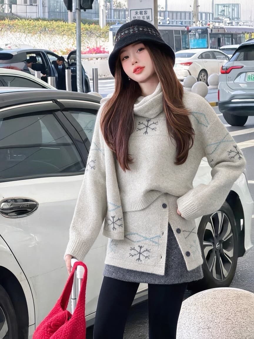 캐주얼 스포츠 슈트 여성 조기 가을 공정한 섬 느긋한 회색 니트 스웨터 스웨터 반신 짧은 치마 전체 집합 상세 이미지 7