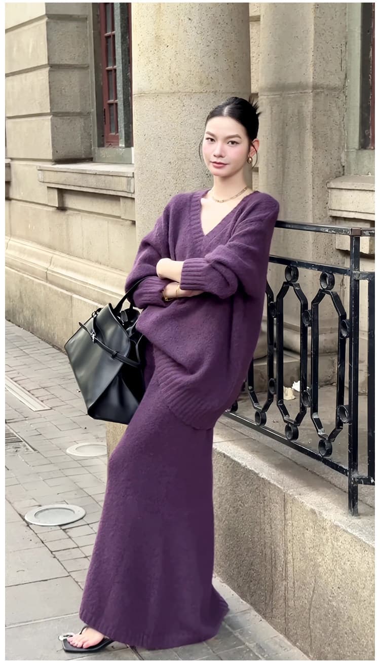 2026 가을 새로운 한 부서 chic 자이언트 잘 생긴 ~ 중 작은 샤넬 스타일 보라색 니트 스웨터 반신 스커트 투피스 슈트 상세 이미지 5