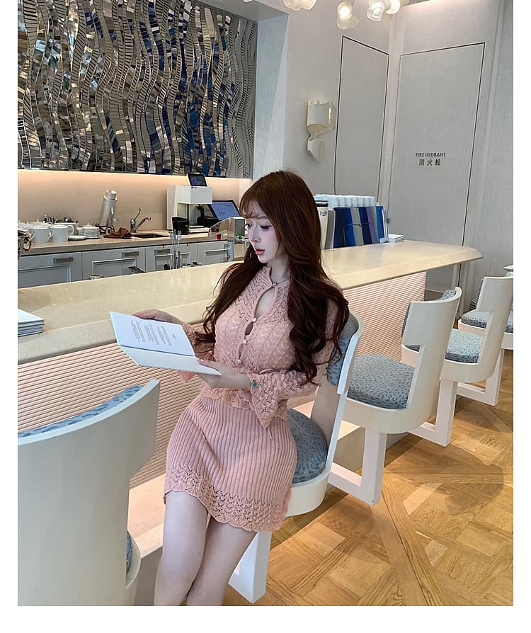 m900 세트 여성 홀로우 아웃 스탠드 칼라 나팔 소매 니트 맨위 하이웨이스트 훅 레이스 타이트 스커트 미니 스커트 핫걸 투피스 세트 상세 이미지 18