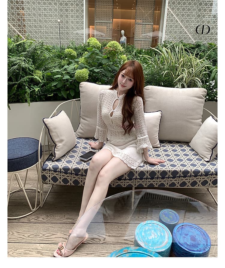 m900 세트 여성 홀로우 아웃 스탠드 칼라 나팔 소매 니트 맨위 하이웨이스트 훅 레이스 타이트 스커트 미니 스커트 핫걸 투피스 세트 상세 이미지 19