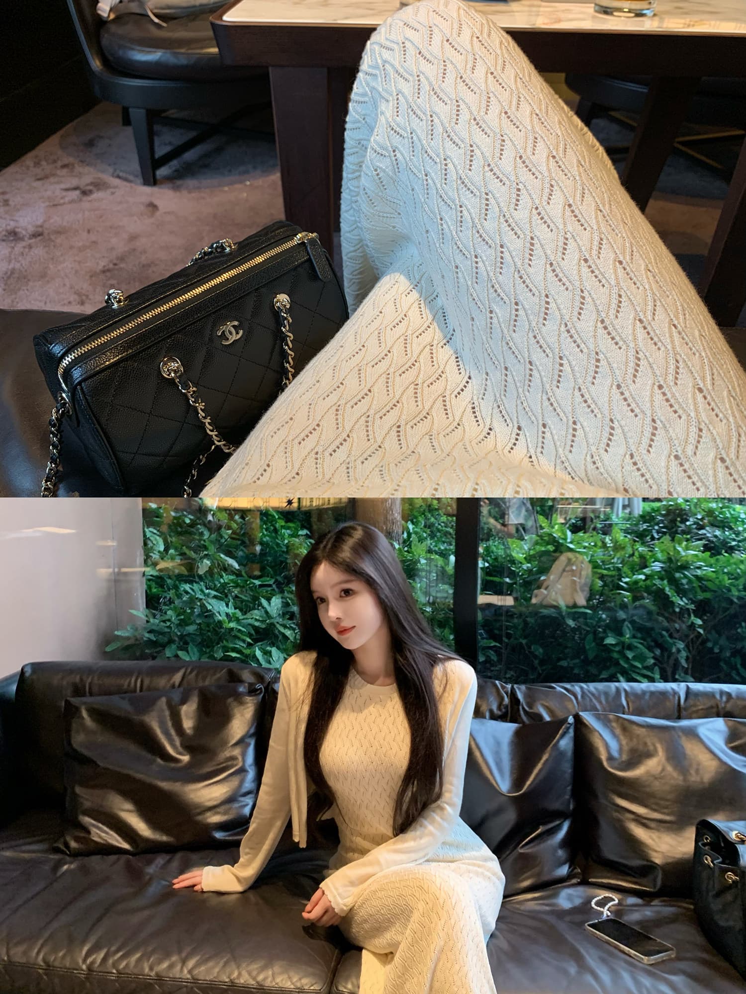 the swan 부문 피닉스 빛 럭셔리 부드러운 자매 프랑스식 우아함 링 그리드 니트 오픈 가디건 몸매 가꾸기 타이트 스커트 드레스 이미지 3