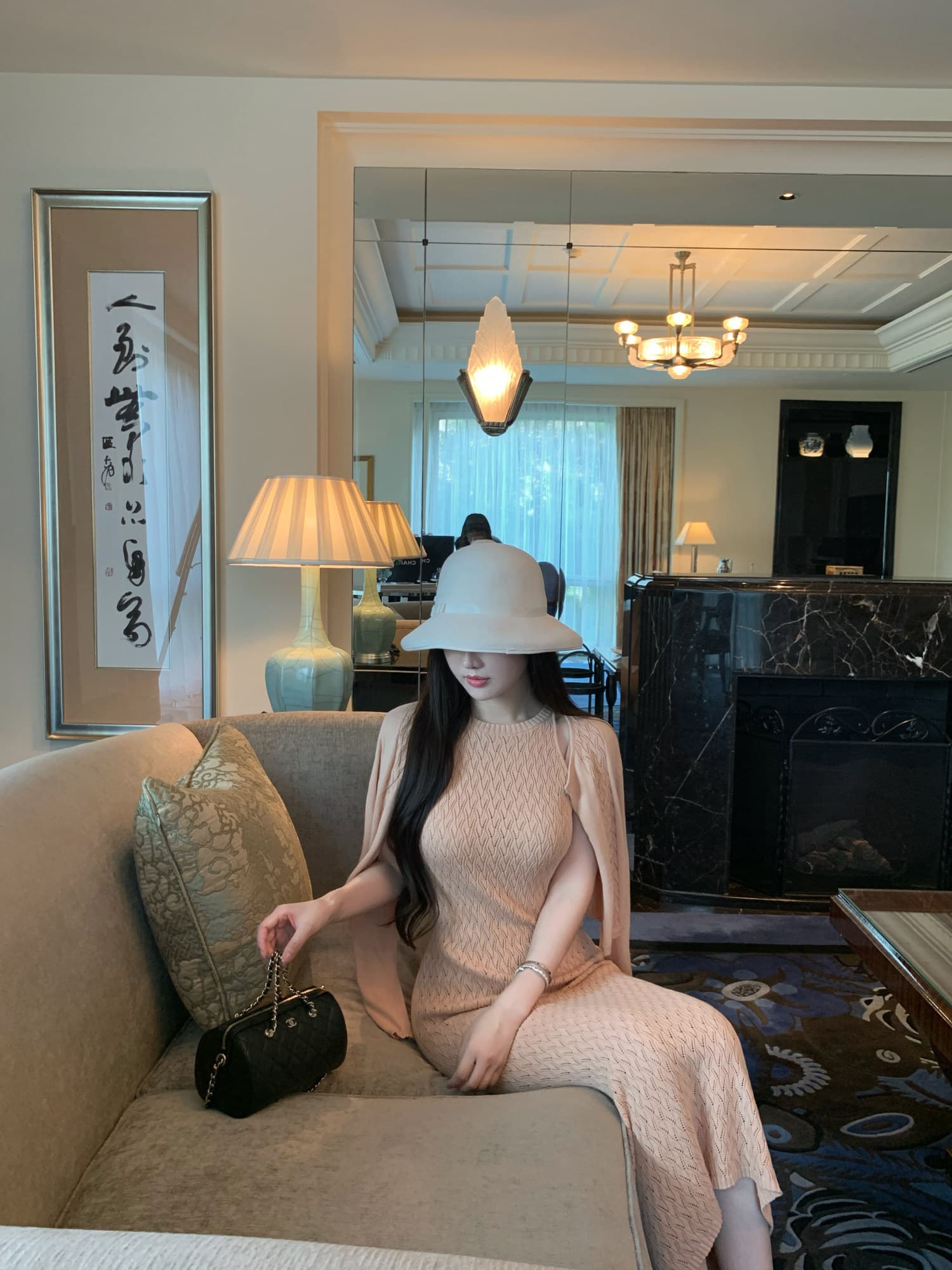 the swan 부문 피닉스 빛 럭셔리 부드러운 자매 프랑스식 우아함 링 그리드 니트 오픈 가디건 몸매 가꾸기 타이트 스커트 드레스 상세 이미지 14