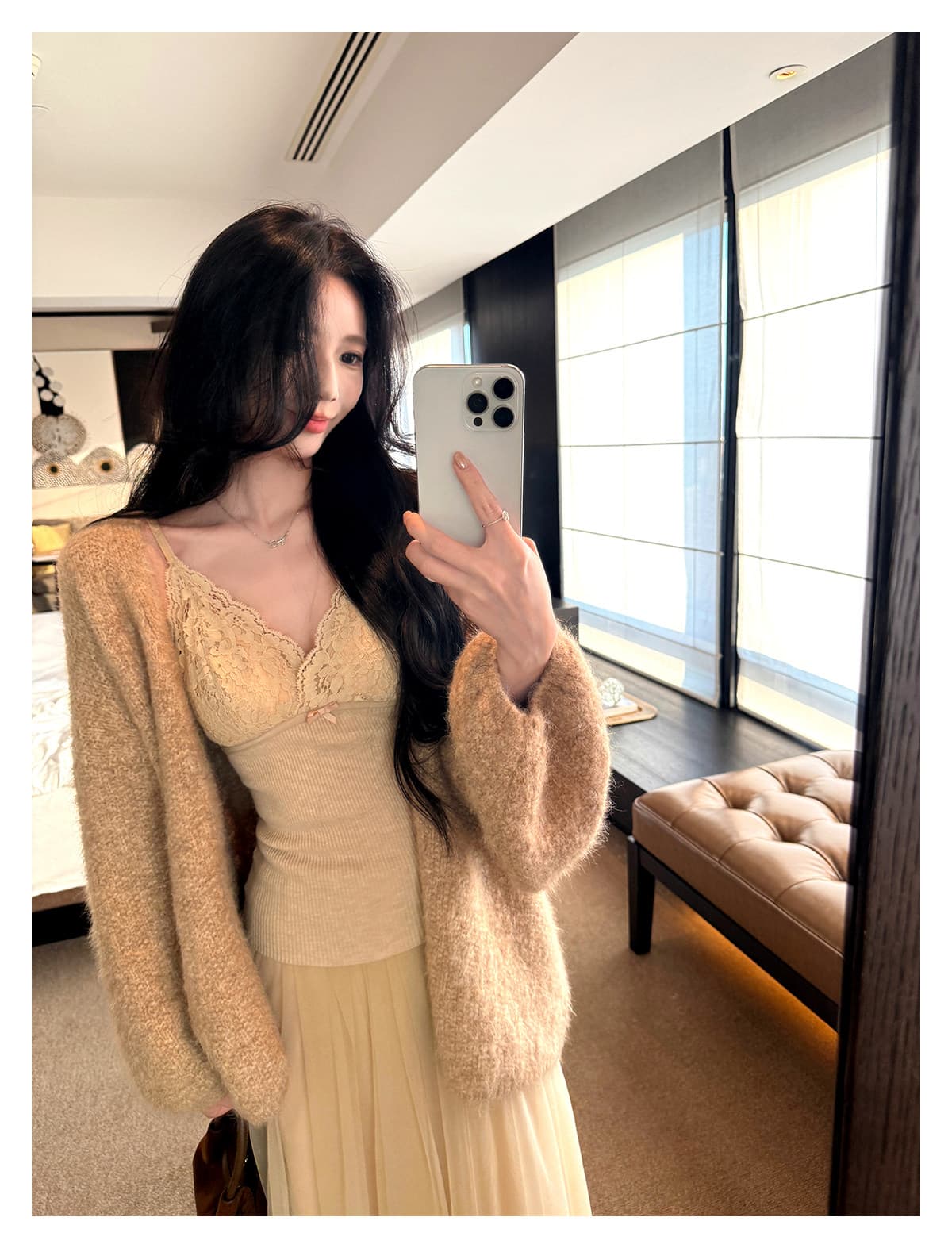 3종 세트 있음 선적 하나 달콤한 복숭아 오트밀 살구 색상 니트 스웨터 레이스 슬립 실 거즈 스커트 세 조각 세트 상세 이미지 7