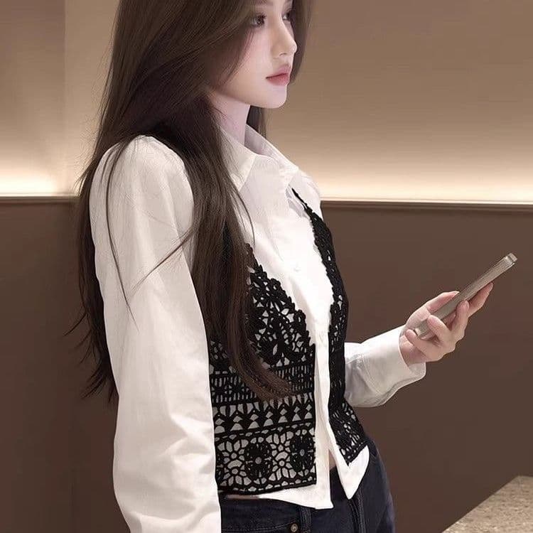 한국 스타일 레이스 조각 페이크 레이어드 긴팔 여성 셔츠 2026 봄 새로운 고급 화이트 루즈핏 슬림해 보이는 맨위 상세 이미지 2