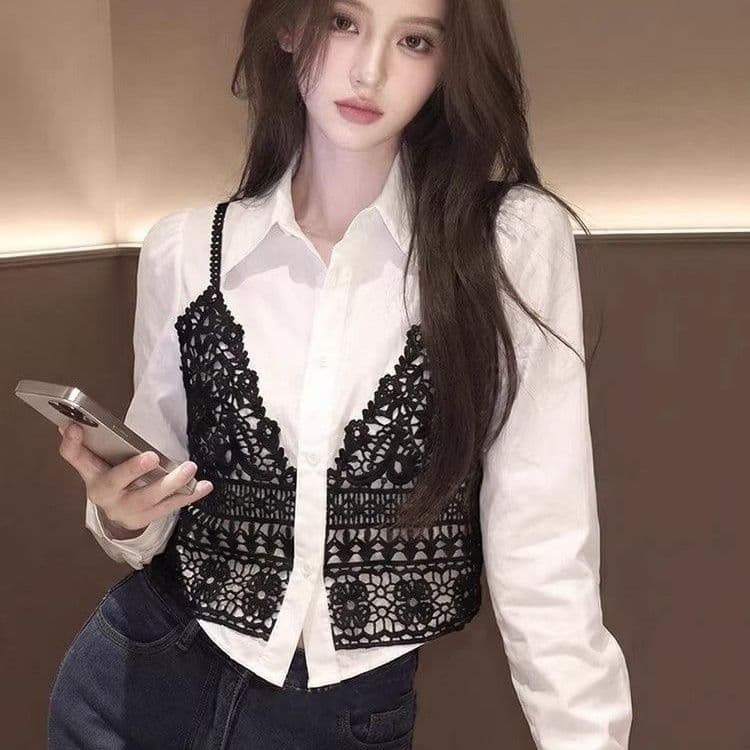 한국 스타일 레이스 조각 페이크 레이어드 긴팔 여성 셔츠 2026 봄 새로운 고급 화이트 루즈핏 슬림해 보이는 맨위 상세 이미지 4