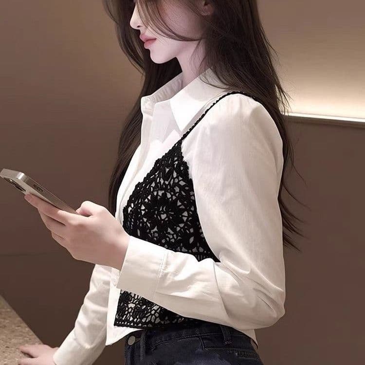 한국 스타일 레이스 조각 페이크 레이어드 긴팔 여성 셔츠 2026 봄 새로운 고급 화이트 루즈핏 슬림해 보이는 맨위 상세 이미지 6