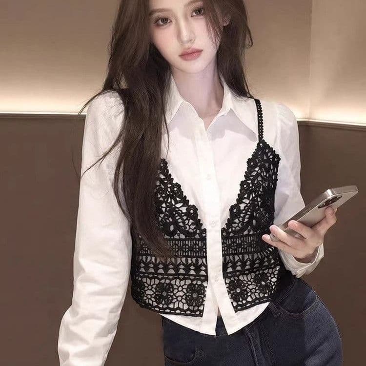 한국 스타일 레이스 조각 페이크 레이어드 긴팔 여성 셔츠 2026 봄 새로운 고급 화이트 루즈핏 슬림해 보이는 맨위 상세 이미지 9