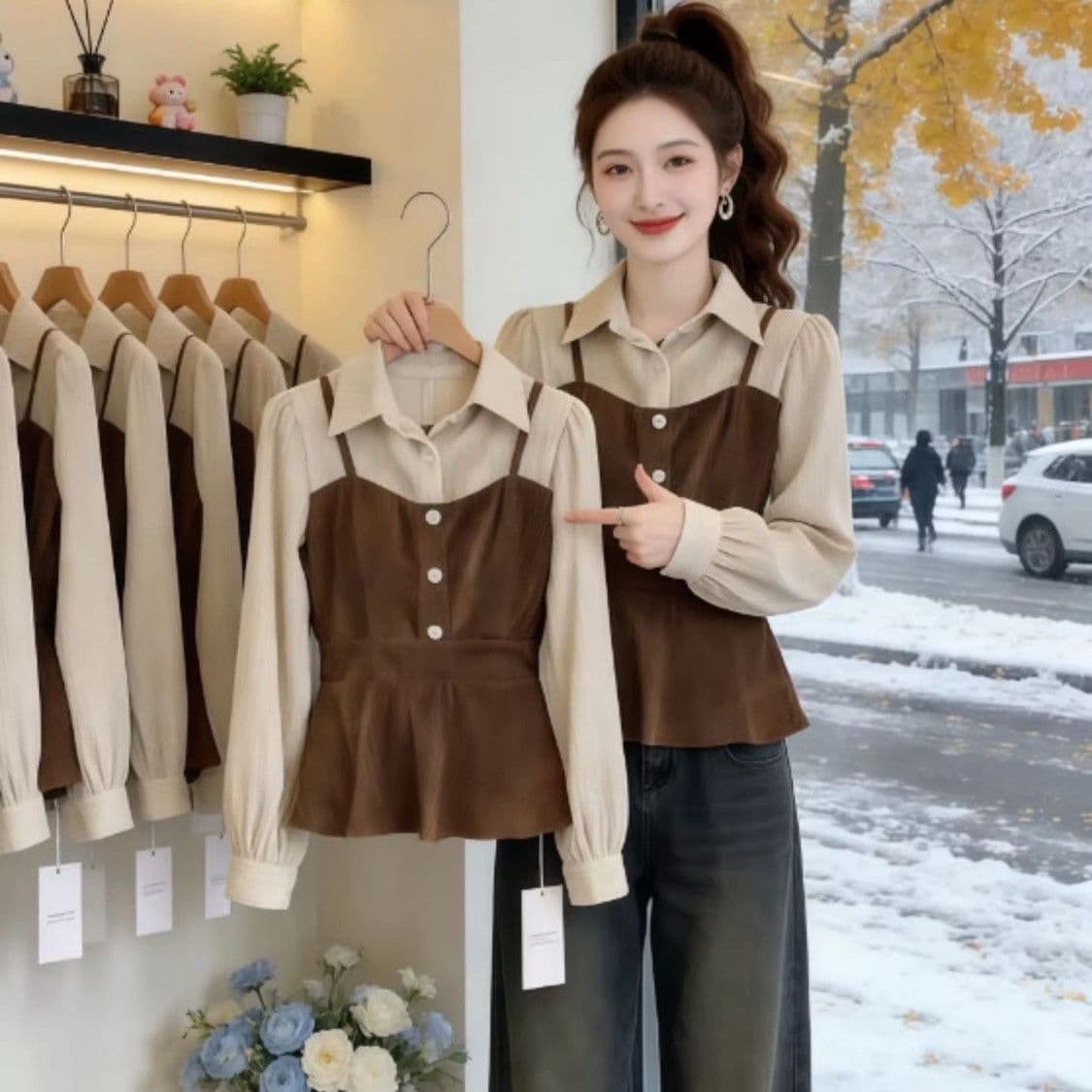 고급 센스 페이크 레이어드 패치워크 긴팔 여성 셔츠 봄 가을 새로운 다용도 외국 가스 패션 품격 셔츠 맨위 트렌디 상세 이미지 3