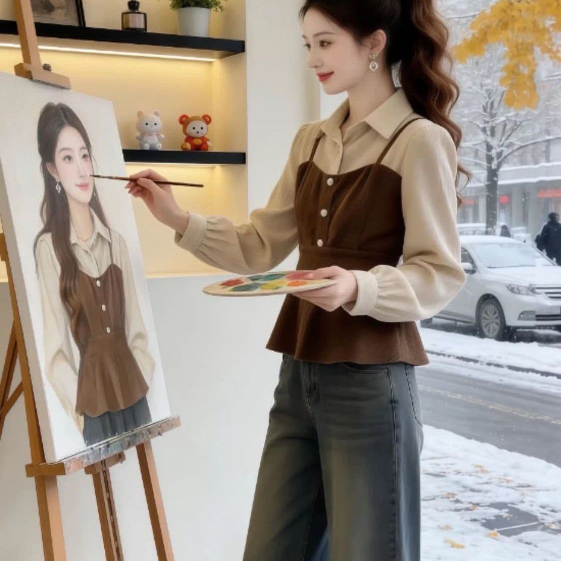 고급 센스 페이크 레이어드 패치워크 긴팔 여성 셔츠 봄 가을 새로운 다용도 외국 가스 패션 품격 셔츠 맨위 트렌디 상세 이미지 4