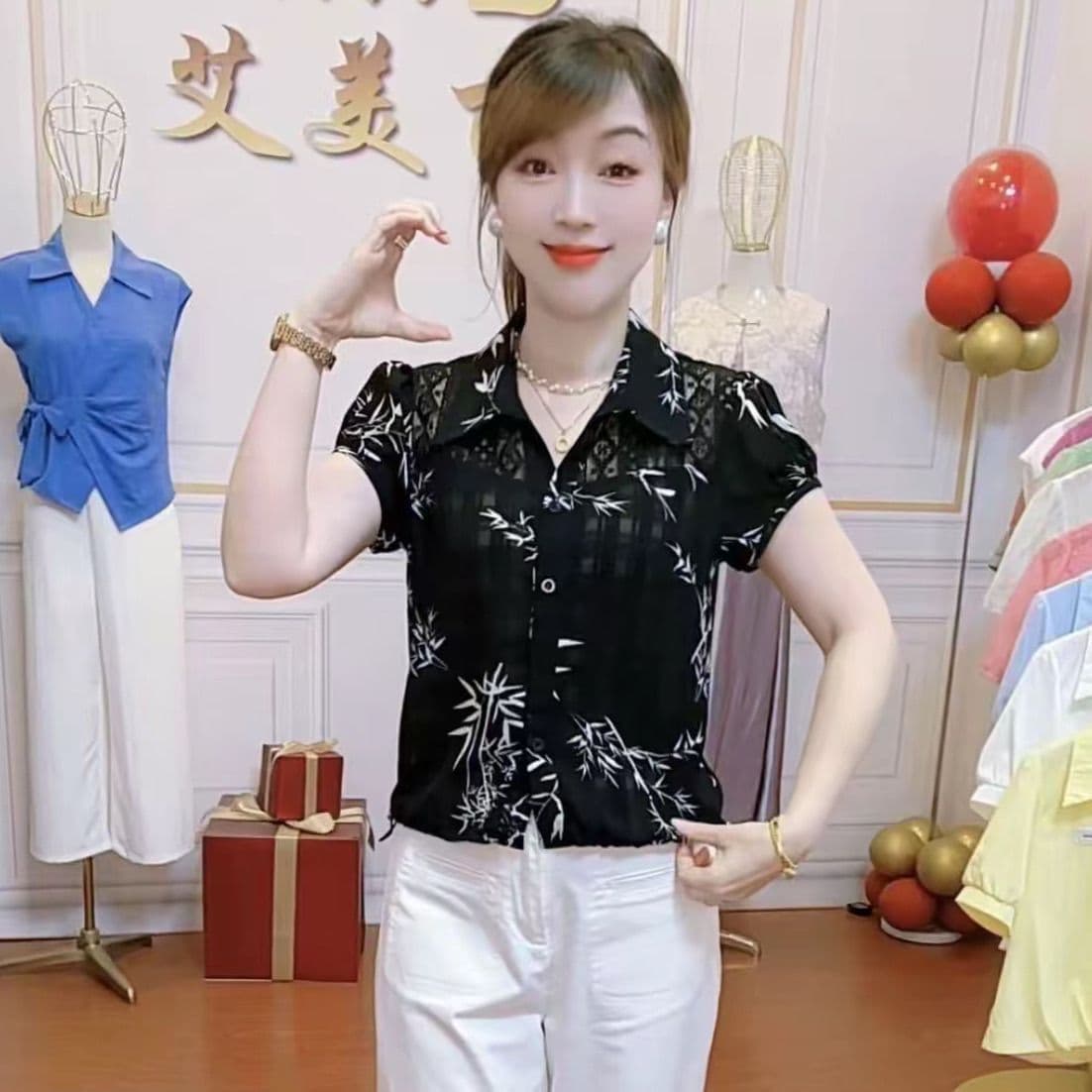 새로운 Cuizhu 프린트 홀로우 아웃 레이스 조각 달콤함 다용도 표지 배 슬림해 보이는 여름 셔츠 이미지 2