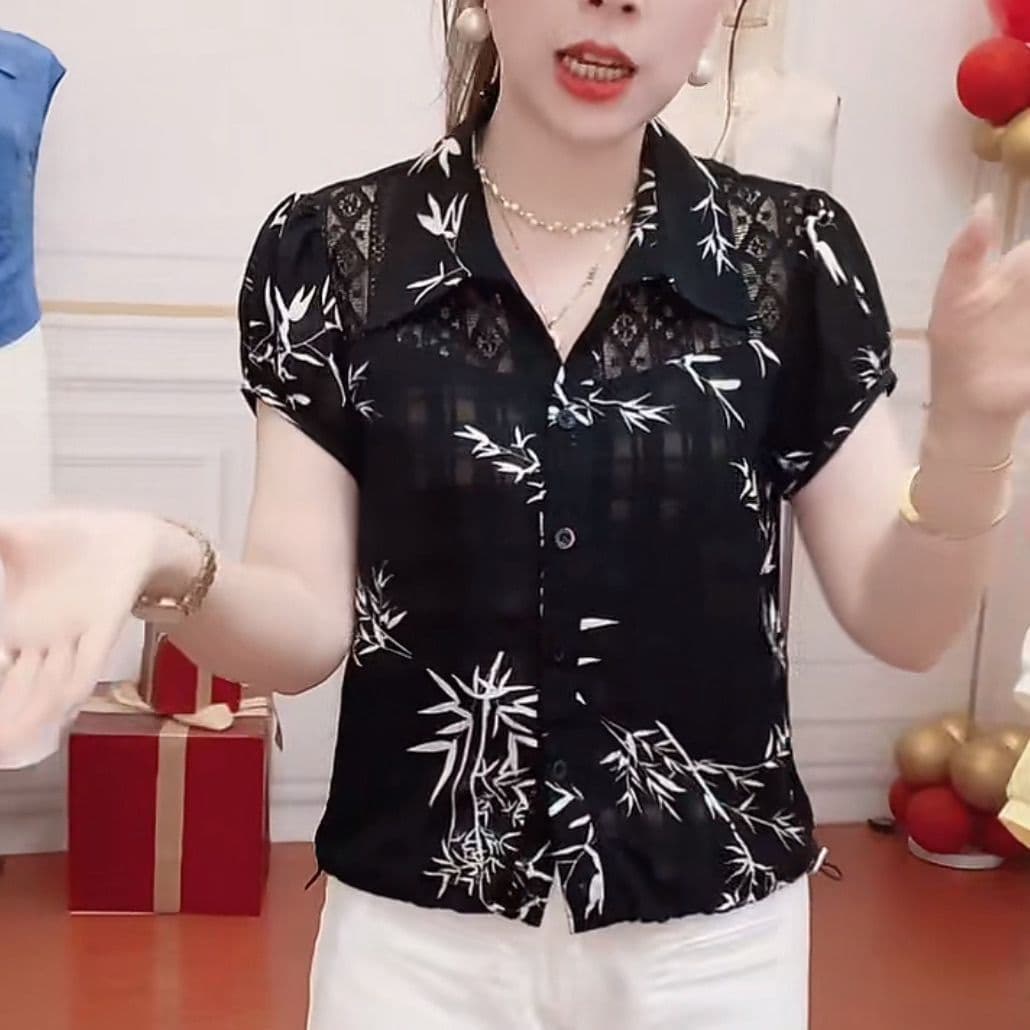 새로운 Cuizhu 프린트 홀로우 아웃 레이스 조각 달콤함 다용도 표지 배 슬림해 보이는 여름 셔츠 상세 이미지 4