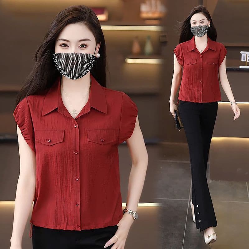 민소매 여성 셔츠 여름 새로운 디자인 센스 펌프 로프 허리 수축 슬림해 보이는 셔츠 패션 외국 가스 쇼트 스타일 여성 맨위 상세 이미지 4