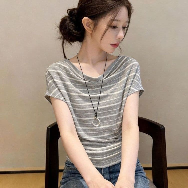 디자인 센스 흔들다 칼라 스트라이프 반팔 티셔츠 여성 여름 패션 외국 가스 연령 감소 다용도 동정 한 부서 아름다운 작은 맨위 상세 이미지 3
