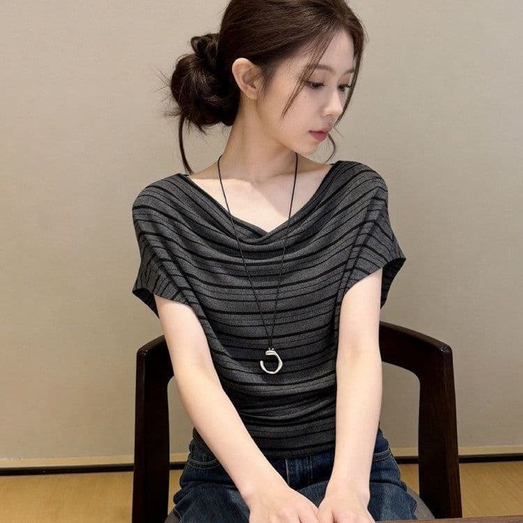 디자인 센스 흔들다 칼라 스트라이프 반팔 티셔츠 여성 여름 패션 외국 가스 연령 감소 다용도 동정 한 부서 아름다운 작은 맨위 상세 이미지 4