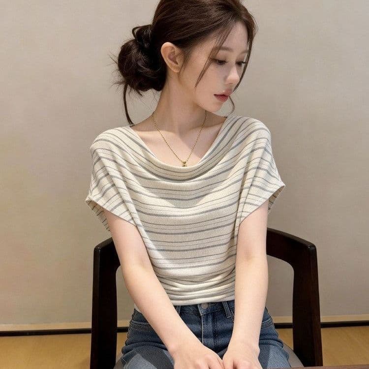 디자인 센스 흔들다 칼라 스트라이프 반팔 티셔츠 여성 여름 패션 외국 가스 연령 감소 다용도 동정 한 부서 아름다운 작은 맨위 상세 이미지 6