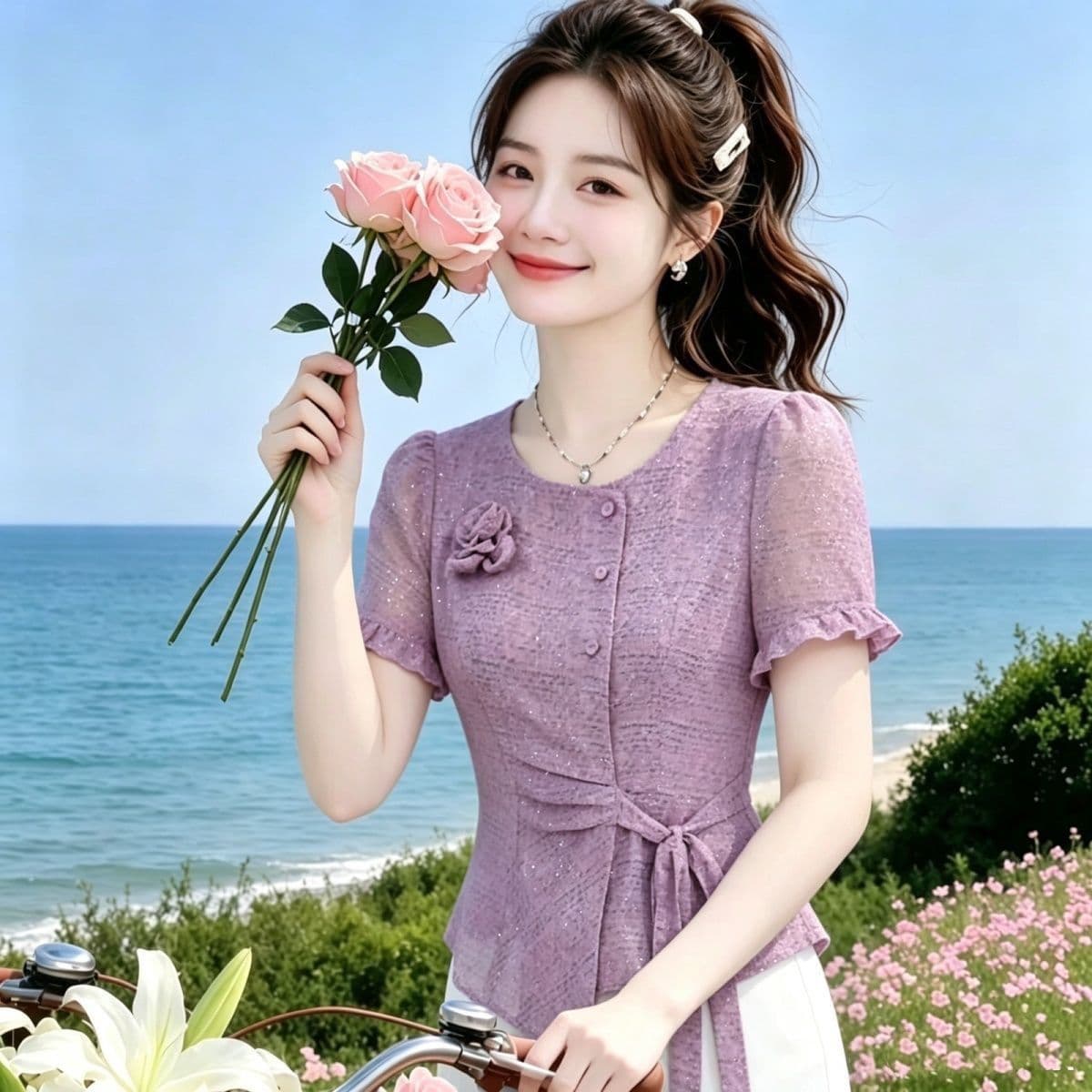 아름다운 슈퍼 요정 우아함 현대 나비 넥타이 슈퍼 잘 생긴 작은 셔츠 2026 여름 새로운 연령 감소 다용도 맨위 상세 이미지 2