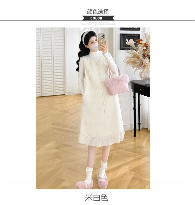 지금 2026 새로운 임산부 세트 광택 실 작은 샤넬 스타일 민소매 드레스 프랑스식 품격 레이스 패치워크 치마 상세 이미지 8