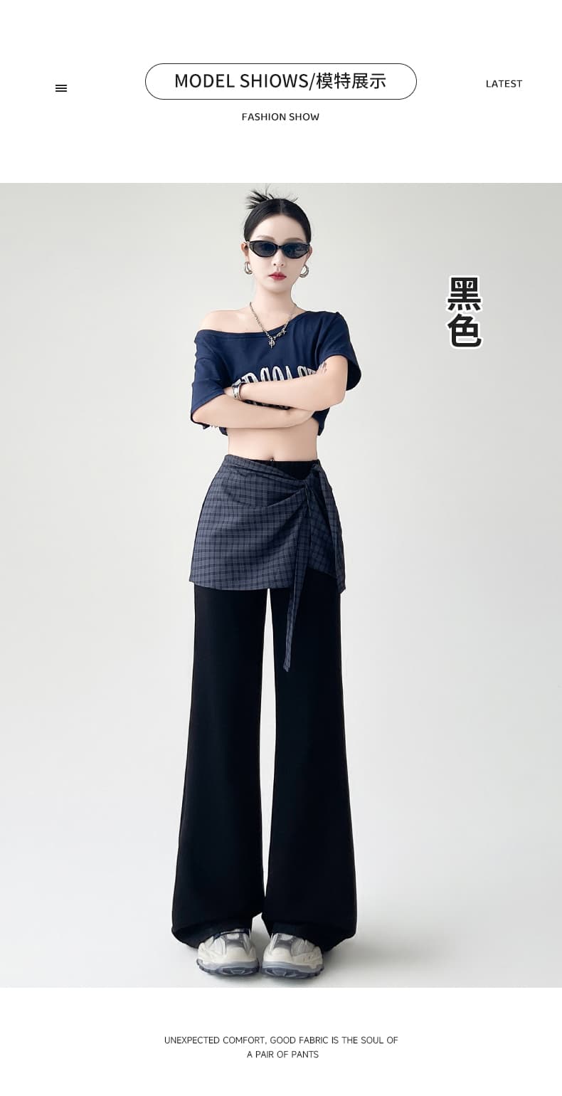 페이크 레이어드 체크무늬 패치워크 캐주얼 바지 여성 봄 여름 새로운 디자인 센스 랩스커트팬츠 와이드 레그 팬츠 하이웨이스트 부츠컷 롱 바지 상세 이미지 21