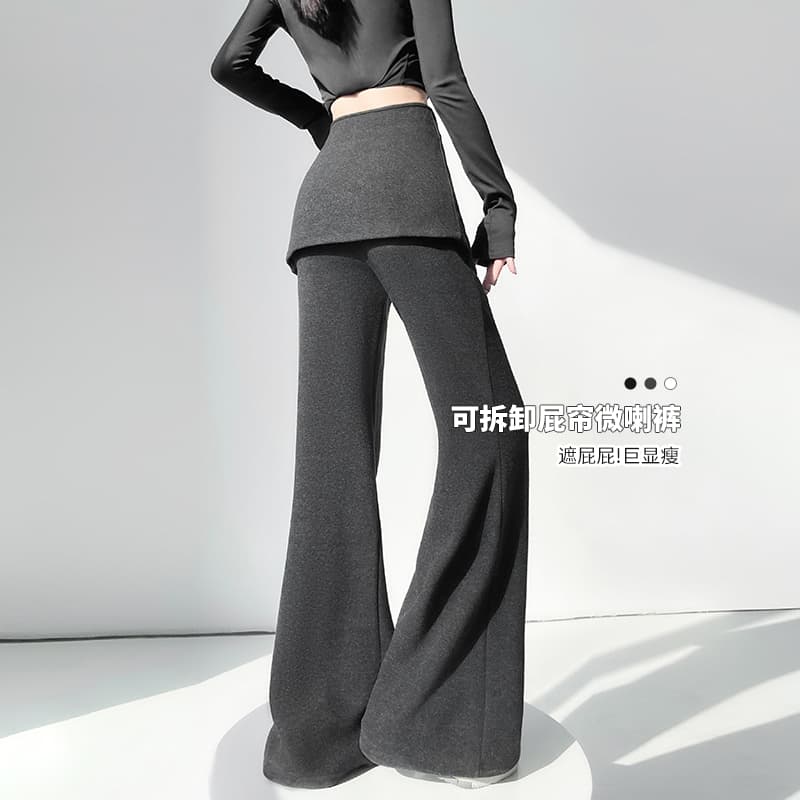 찹쌀 니트 부츠컷 바지 여성 2026 년 봄 여름 새로운 페이크 레이어드 랩스커트팬츠 패치워크 슬림해 보이는 캐주얼 운동 웨이 바지 이미지 6