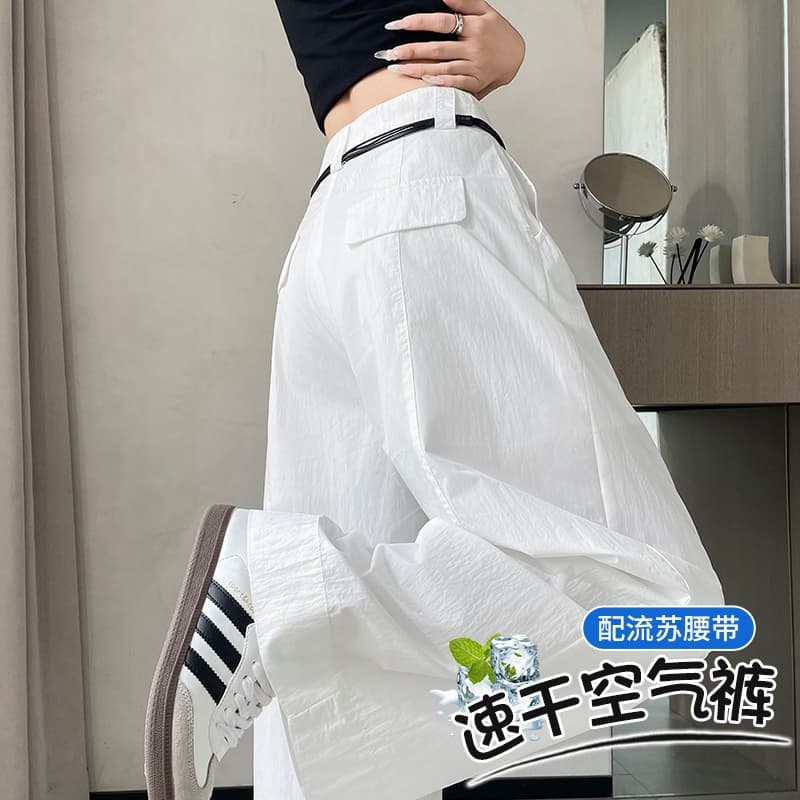 얼음 실크 속도 건조한 와이드 레깅스 바지 얇은 스타일 벨트 포함 2026 여름 패션 화이트 루즈핏 모통이 칼 캐주얼 공기 바지 이미지 6