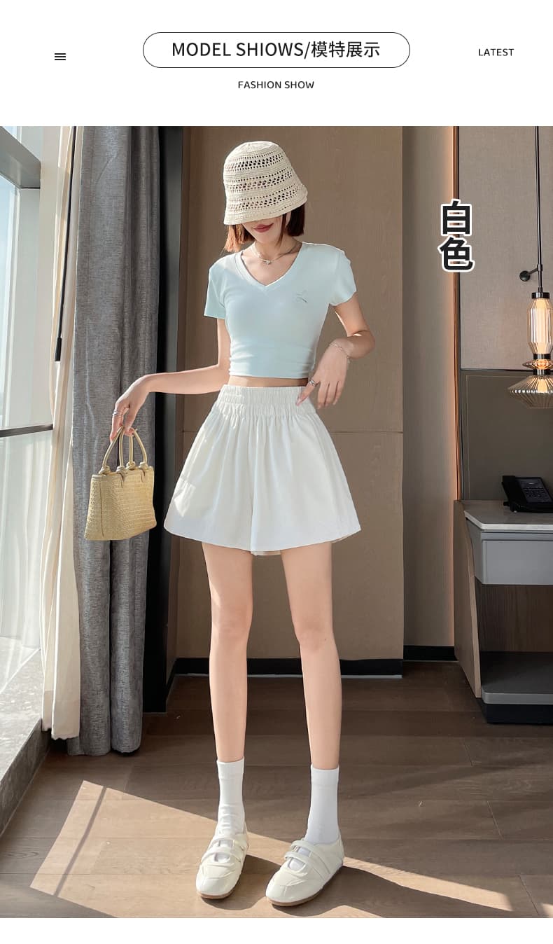 단색 자수 반바지 여성 여름 외출용 루즈핏 슬림해 보이는 와이드 레그 팬츠 밴딩 하이웨이스트 한 마디 캐주얼 다용도 핫 바지 상세 이미지 25