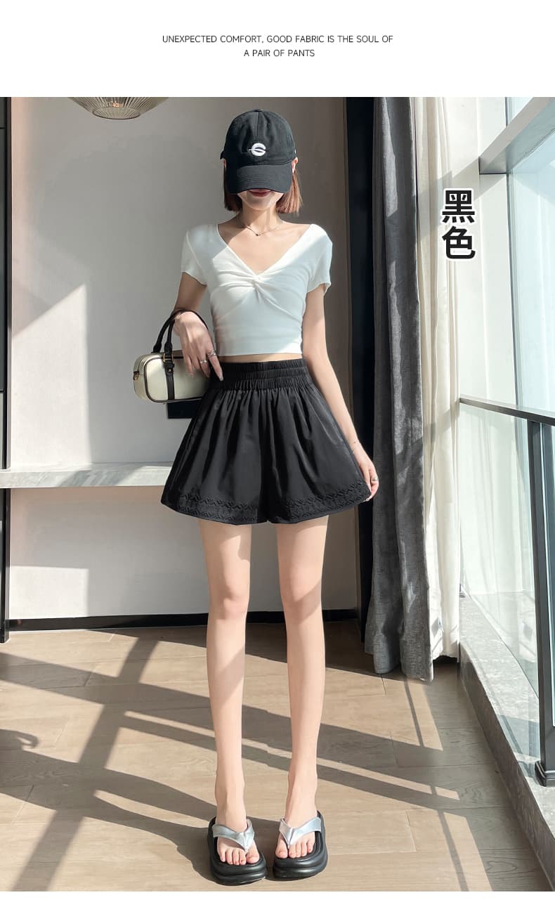 단색 자수 반바지 여성 여름 외출용 루즈핏 슬림해 보이는 와이드 레그 팬츠 밴딩 하이웨이스트 한 마디 캐주얼 다용도 핫 바지 상세 이미지 28