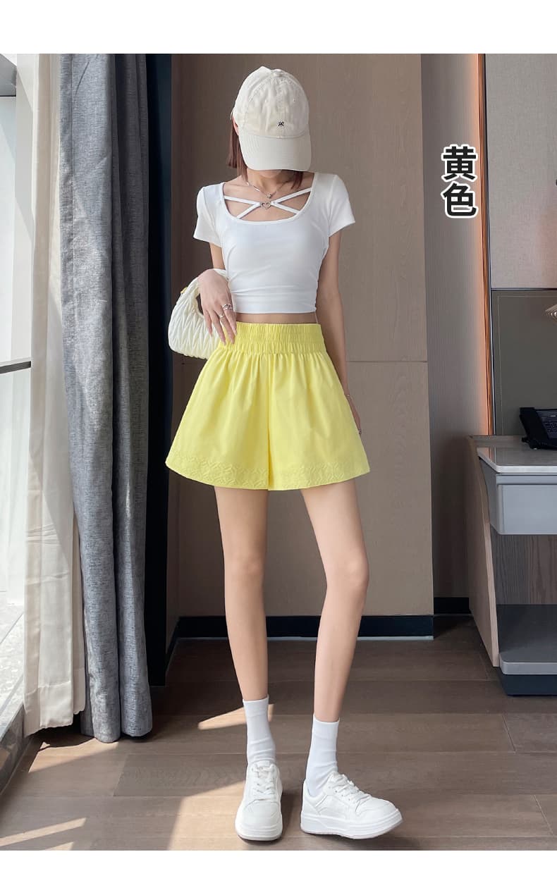 단색 자수 반바지 여성 여름 외출용 루즈핏 슬림해 보이는 와이드 레그 팬츠 밴딩 하이웨이스트 한 마디 캐주얼 다용도 핫 바지 상세 이미지 38