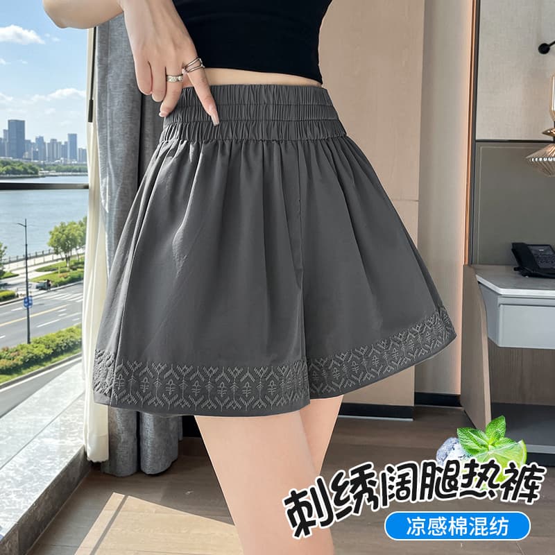단색 자수 반바지 여성 여름 외출용 루즈핏 슬림해 보이는 와이드 레그 팬츠 밴딩 하이웨이스트 한 마디 캐주얼 다용도 핫 바지 이미지 4