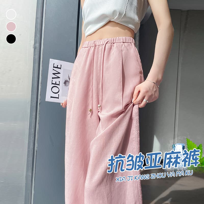 얼음 실크 아마 와이드 레깅스 바지 여름 얇은 스타일 2026 새로운 측면 패치워크 레이스 면 린넨 야마모토 바지 캐주얼 긴 바지 이미지 3