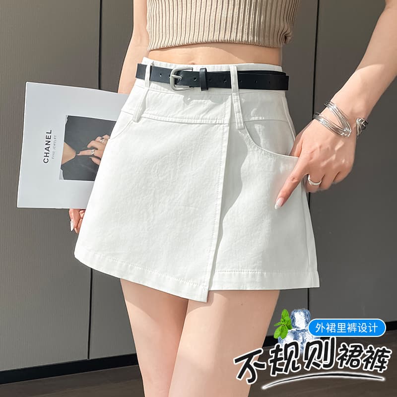 화이트 불규칙 반신 치마바지 여성 여름 섹션 한 부서 하이웨이스트 한 마디 반바지 루즈핏 다용도 캐주얼 와이드 레그 팬츠 이미지 2