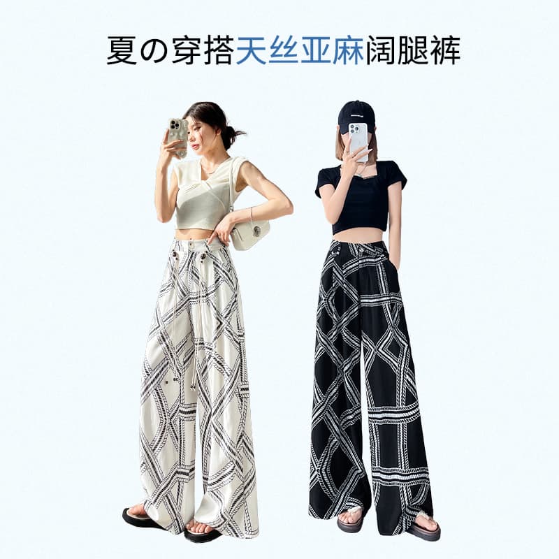 오래된 돈 바람 품격 루즈핏 넓은 다리 캐주얼 바지 여성 여름 얇은 스타일 면 린넨 프린트 느긋한 레트로 아마 바닥 청소 바지 이미지 6