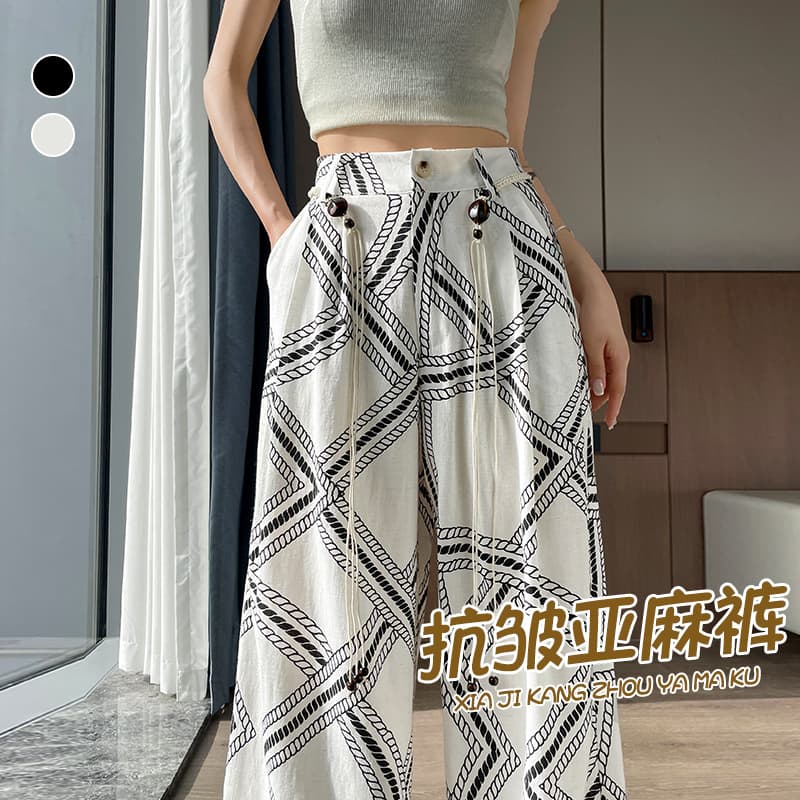 오래된 돈 바람 품격 루즈핏 넓은 다리 캐주얼 바지 여성 여름 얇은 스타일 면 린넨 프린트 느긋한 레트로 아마 바닥 청소 바지 이미지 4