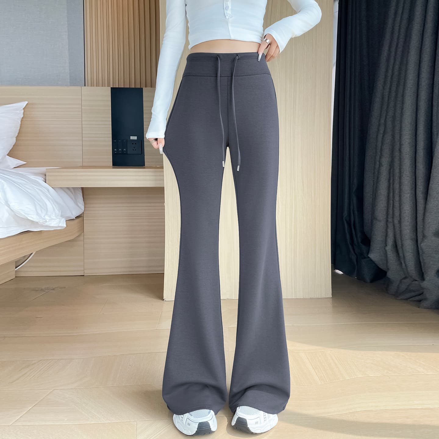 회색 부츠컷 운동 웨이 바지 여성 가을 여름 섹션 하이웨이스트 좁은 에디션 캐주얼 호스 슈 바지 신축성 몸매 가꾸기 슬림해 보이는 요가 바지 이미지 3