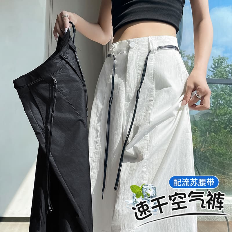 속도 건조한 자외선 차단 공기 바지 여성 벨트 포함 여름 얇은 스타일 하이웨이스트 와이드 레그 팬츠 패션 루즈핏 모통이 칼 캐주얼 긴 바지 이미지 4