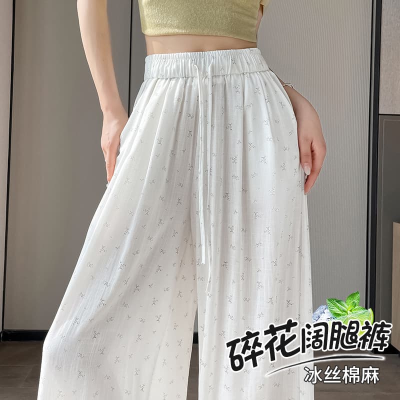 얼음 실크 꽃무늬 와이드 레깅스 바지 여름 얇은 스타일 루즈핏 슬림해 보이는 느긋한 바람 도루 센스 스트레이트 팬츠 면 린넨 캐주얼 긴 바지 이미지 4