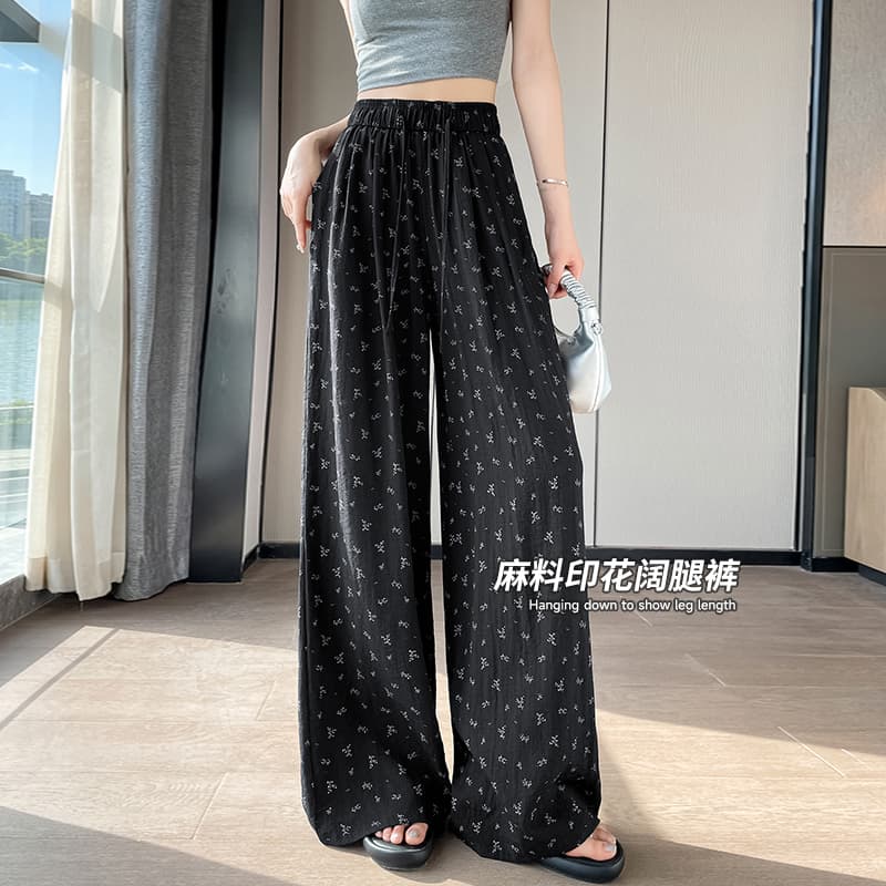 한 부서 꽃무늬 와이드 레깅스 바지 여름 얇은 스타일 2026 새로운 루즈핏 캐주얼 바지 프린트 얼음 실크 면 린넨 도루 센스 긴 바지 이미지 4