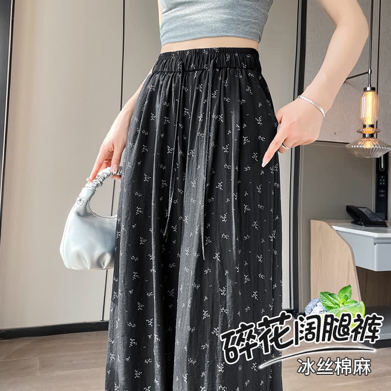 한 부서 꽃무늬 와이드 레깅스 바지 여름 얇은 스타일 2026 새로운 루즈핏 캐주얼 바지 프린트 얼음 실크 면 린넨 도루 센스 긴 바지 이미지 2