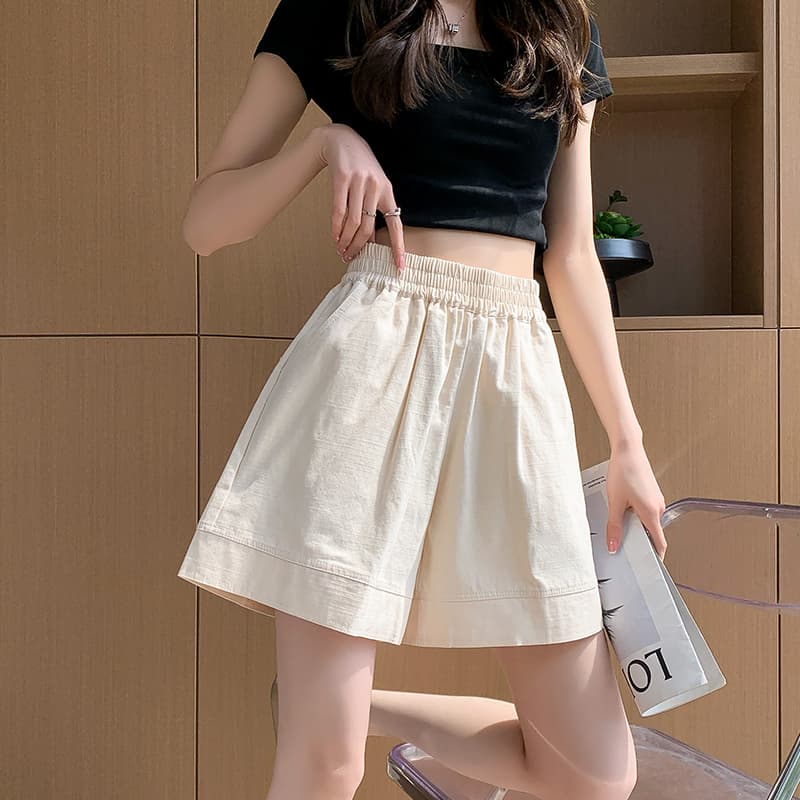 워싱 면 린넨 워크웨어 반바지 여성 외출용 여름 루즈핏 작은 키 허리밴드 운동 캐주얼 다용도 오부 바지 이미지 2