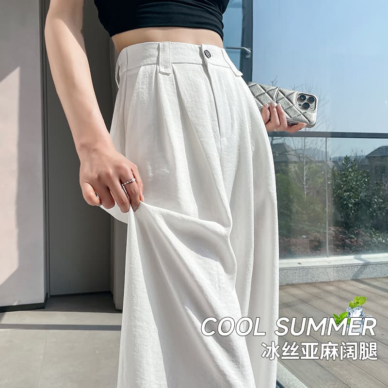 얼음 실크 면 린넨 야마모토 바지 여성 여름 얇은 스타일 통기성 자외선 차단 아마 정장 바지 스트레이트 밴딩 좁은 에디션 와이드 레그 팬츠 이미지 2