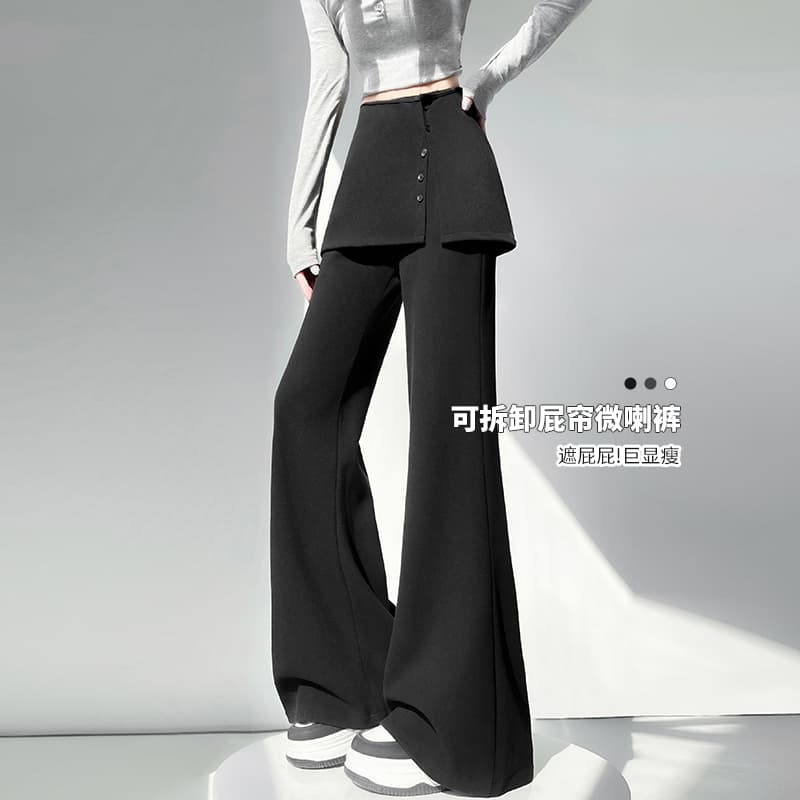 페이크 레이어드 방귀 커튼 부츠컷 바지 여성 가을 새로운 패션 운동 웨이 바지 하이웨이스트 슬림해 보이는 캐주얼 바닥 청소 나팔 바지 이미지 5