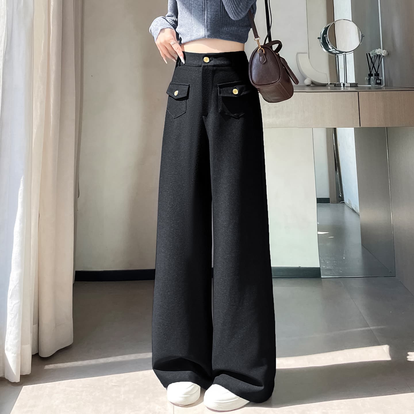 검정색 와이드 레깅스 바지 가을 새로운 도루 센스 좁은 에디션 오래된 돈 정장 바지 캐주얼 스트레이트 느긋한 느슨함 센스 바지 이미지 3