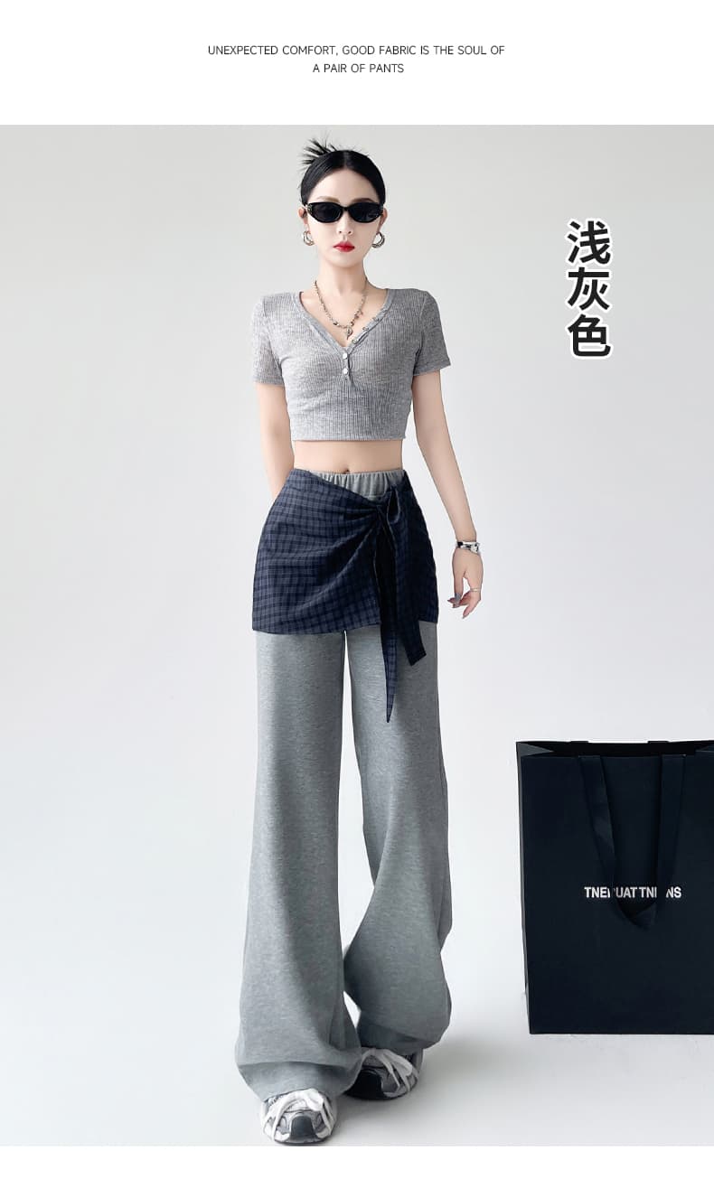 아메리칸 레트로 패치워크 체크무늬 치마 운동 바지 여성 가을 새로운 하이웨이스트 루즈핏 페이크 레이어드 캐주얼 부츠컷 바지 상세 이미지 28