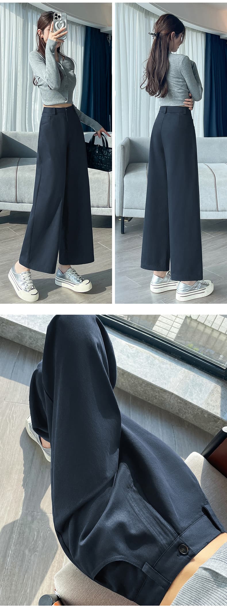 블루 색상 넓은 다리 9부 바지 여성 가을 새로운 루즈핏 느긋한 느슨함 센스 캐주얼 바지 다용도 스트레이트 워크웨어 팬츠 상세 이미지 30