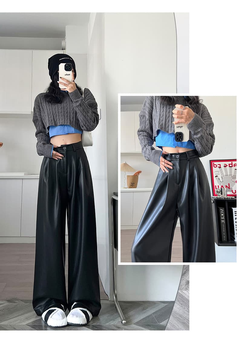 검정색 가죽 바지 여성 가을 2026 새로운 작은 키 PU 가죽 하이웨이스트 캐주얼 스트레이트 팬츠 루즈핏 넓은 다리 바닥 청소 바지 상세 이미지 15